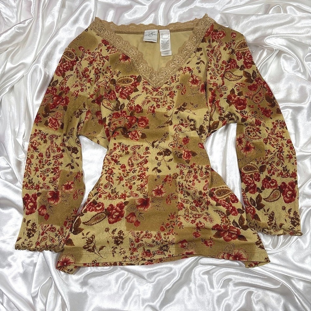 Vintage Emma James Top Gold Red Floral Lace Trim Long Sleeve V-Neck